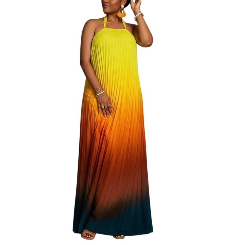 Dress Day Ombre Sunset Pleated Open Back Maxi Dress - S